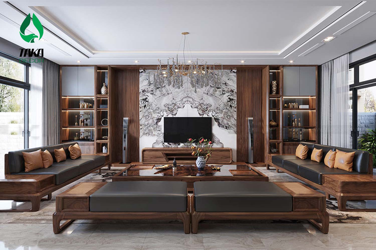 Thi công phòng khách bằng tấm nhựa ốp tường PVC takadecor