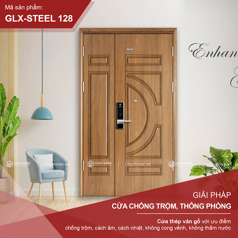 Cửa Thép Vân Gỗ 2 Cánh Lệch