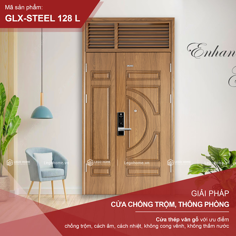 Cửa Thép Vân Gỗ 2 Cánh Lệch