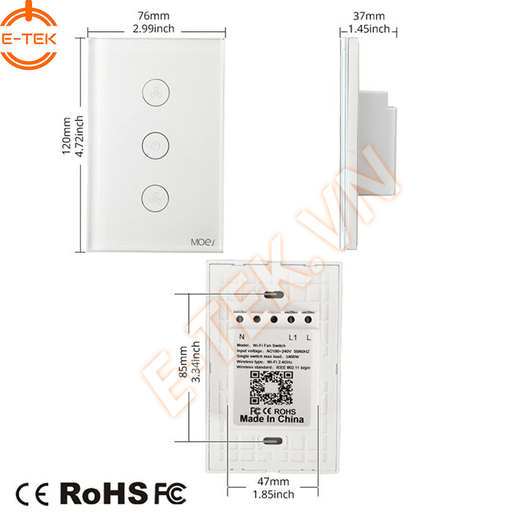 Chiết áp Quạt trần cảm ứng WIFI thông minh TUYA  chi tiết vật lý