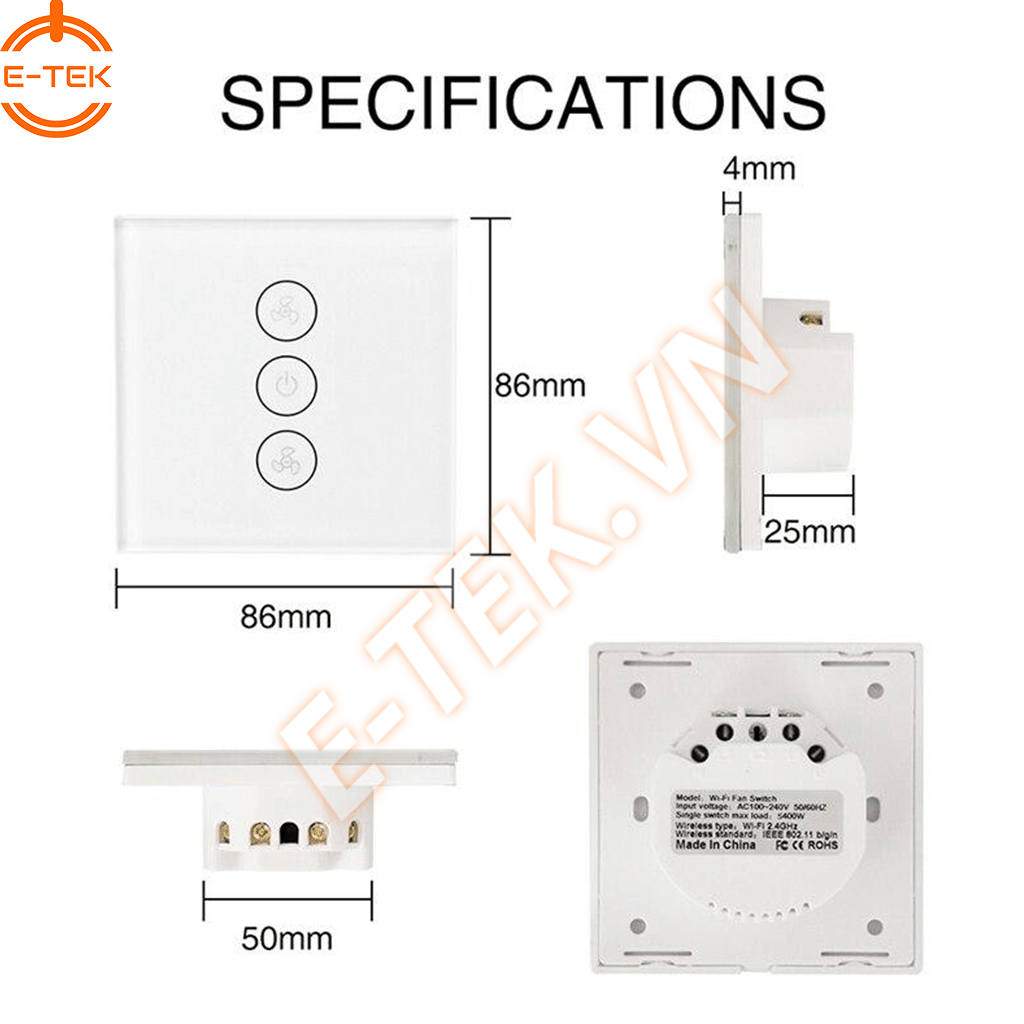 Chiết áp Quạt trần cảm ứng WIFI thông minh TUYA chi tiết vật lý