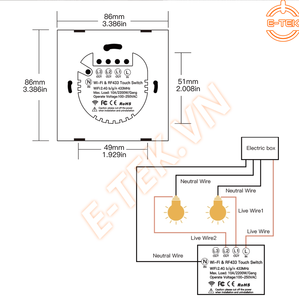 Công tắc cảm ứng WIFI thông minh TUYA chi tiết vật lý