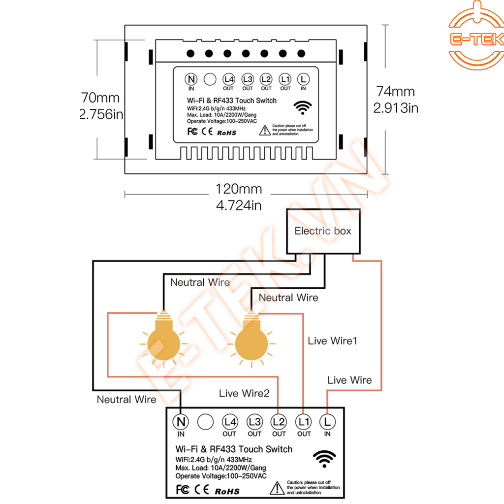 Mô hình đấu điện công tắc cảm ứng wifi TUYA 