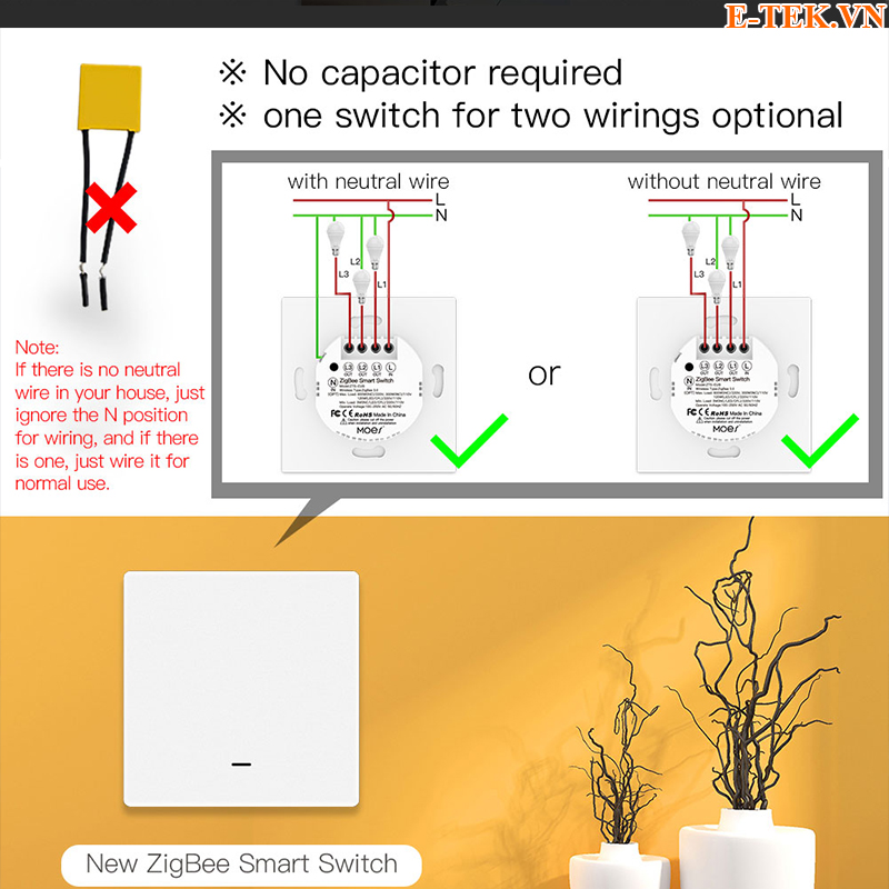 công tắc cơ tuya zigbee không N không sử dụng tụ điện