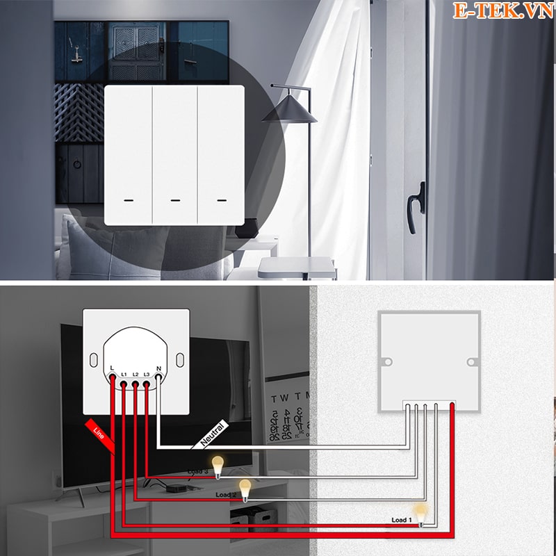 Sơ đồ đấu dây: Công tắc cơ thông minh Tuya có dây mát (N)