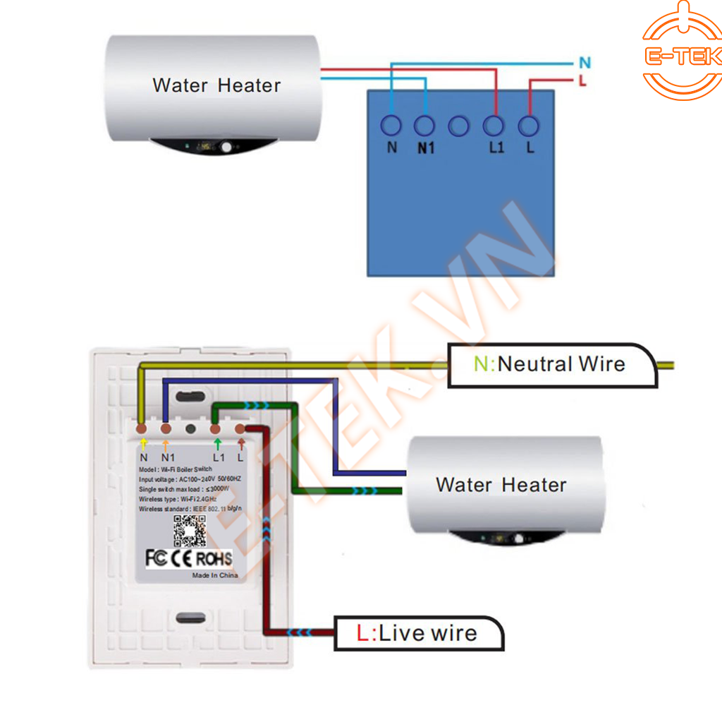 Công tắc bình nóng lạnh thông minh Wifi Tuya cách thức đầu nối