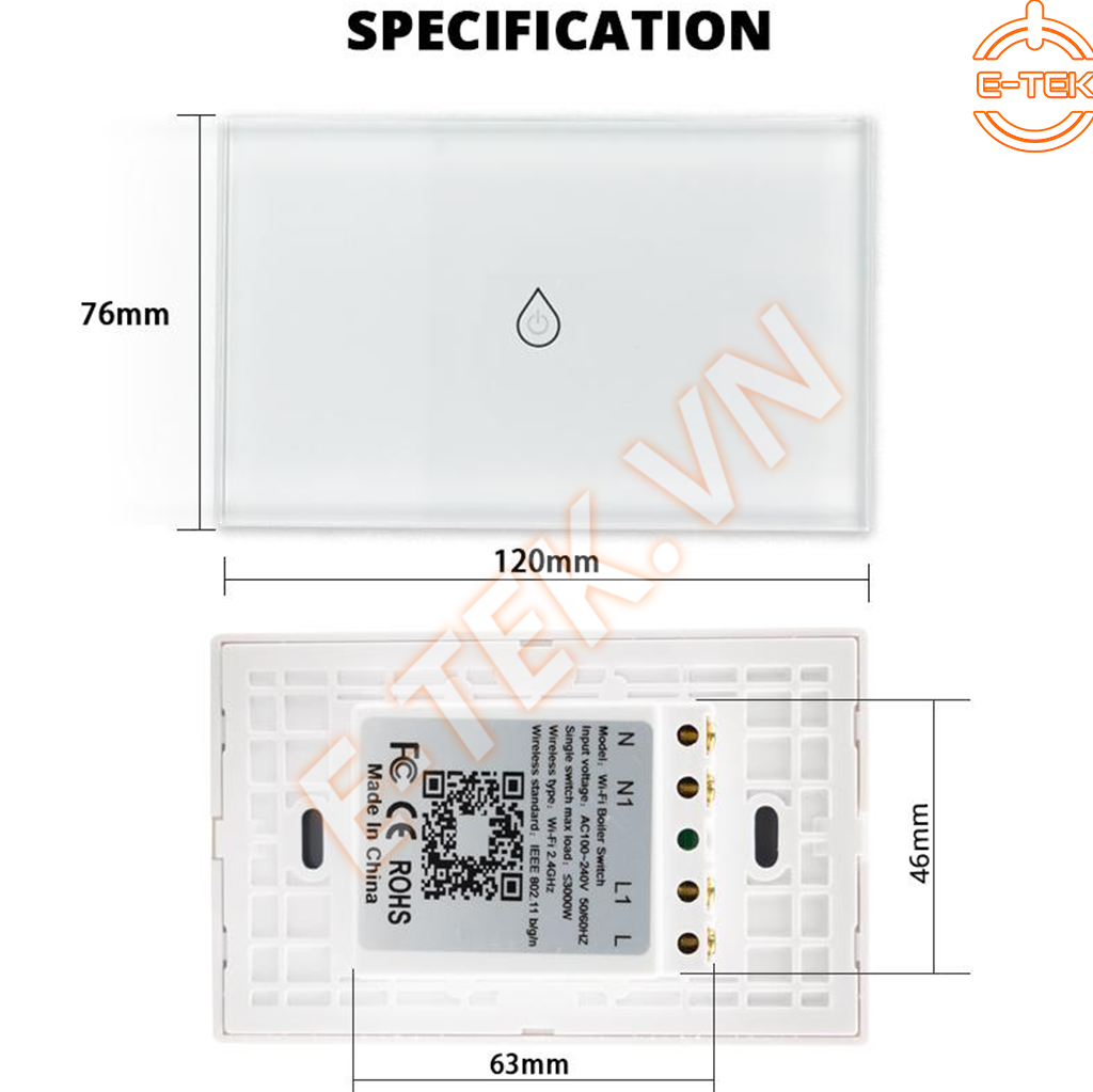 Công tắc bình nóng thông minhWifi Tuya kích thước