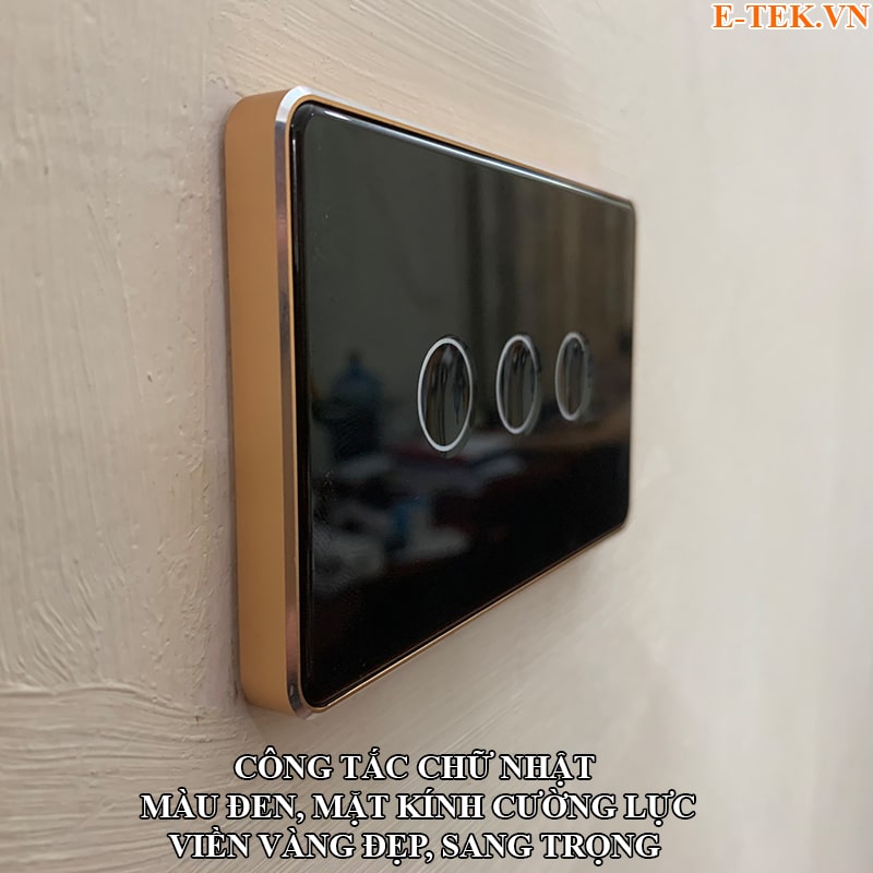công tắc thông minh zigbee tuya viền vàng, mặt kính cường lực, chữ nhật, màu đen