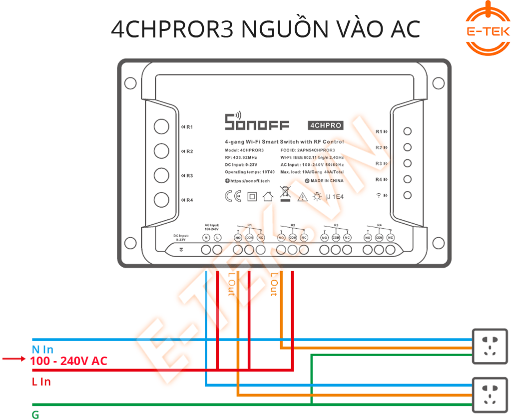 Công tắc thông minh SONOFF 4 Cổng 4CHPROR3 sơ đồ cấp nguồn 220VAC