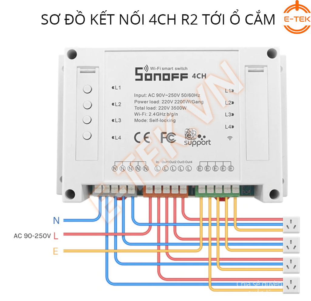 Công tắc thông minh SONOFF 4 Cổng 4CHR3 đấu nối điều khiển ổ cắm