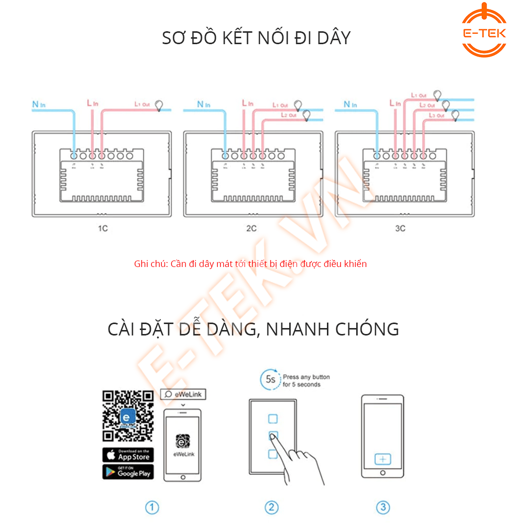 Công tắc cảm ứng thông minh SONOFF T3US sơ đồ kết nối điều khiển bóng đèn