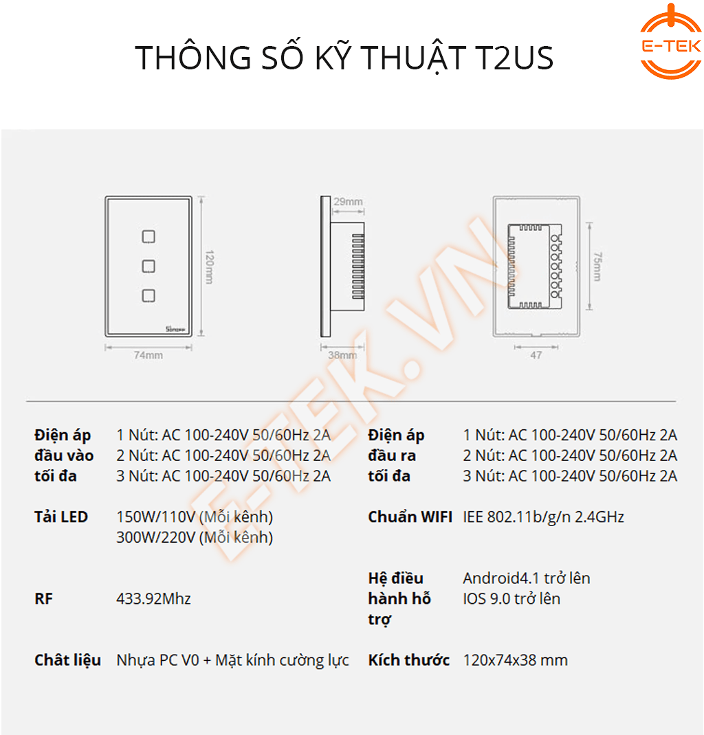 Công tắc cảm ứng thông minh SONOFF T2US thông số kỹ thuật