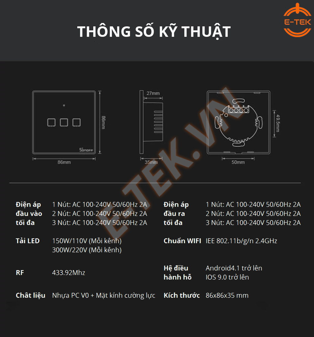 Công tắc cảm ứng thông minh SONOFF T3EU thông số kỹ thuật