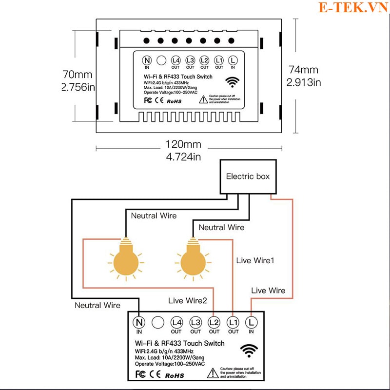 Sơ đồ đấu dây: Công tắc WIfi tuya có dây mát (N)