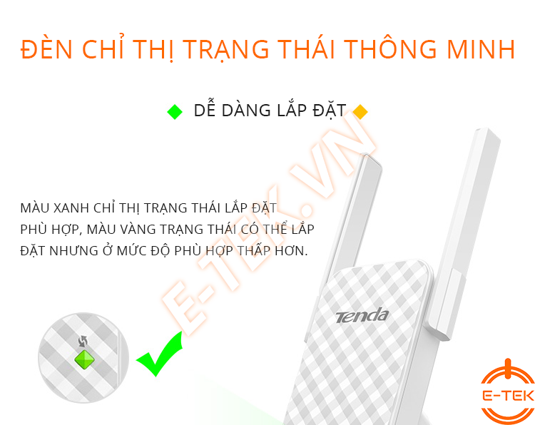 Bộ kích sóng WIFI Tenda A9 có đèn chỉ thị trạng thái kết nối.