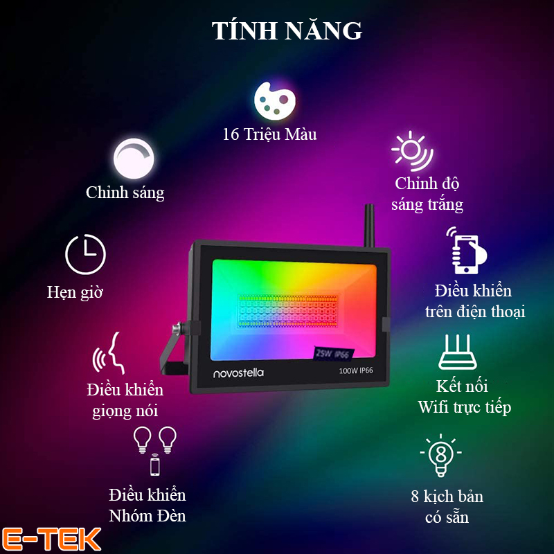 Đèn pha Led đổi màu RGBCW ngoài trời 100W Wifi TUYA đa năng
