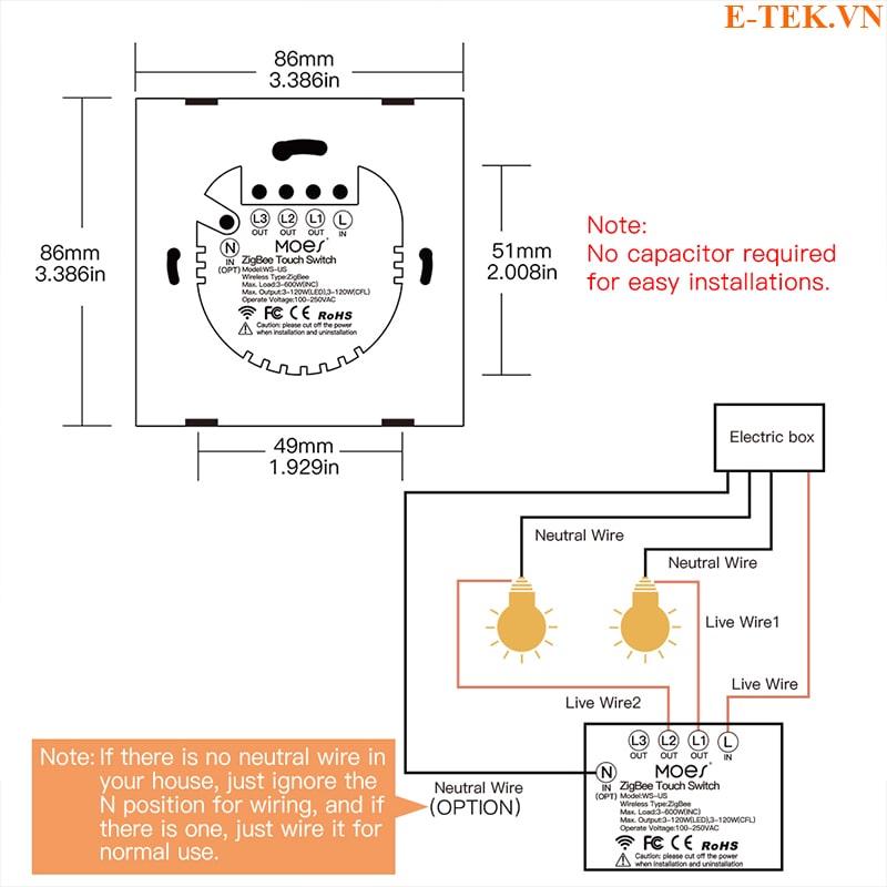 Sơ đồ kết nối công tắc zigbee tuya có không dùng dây N