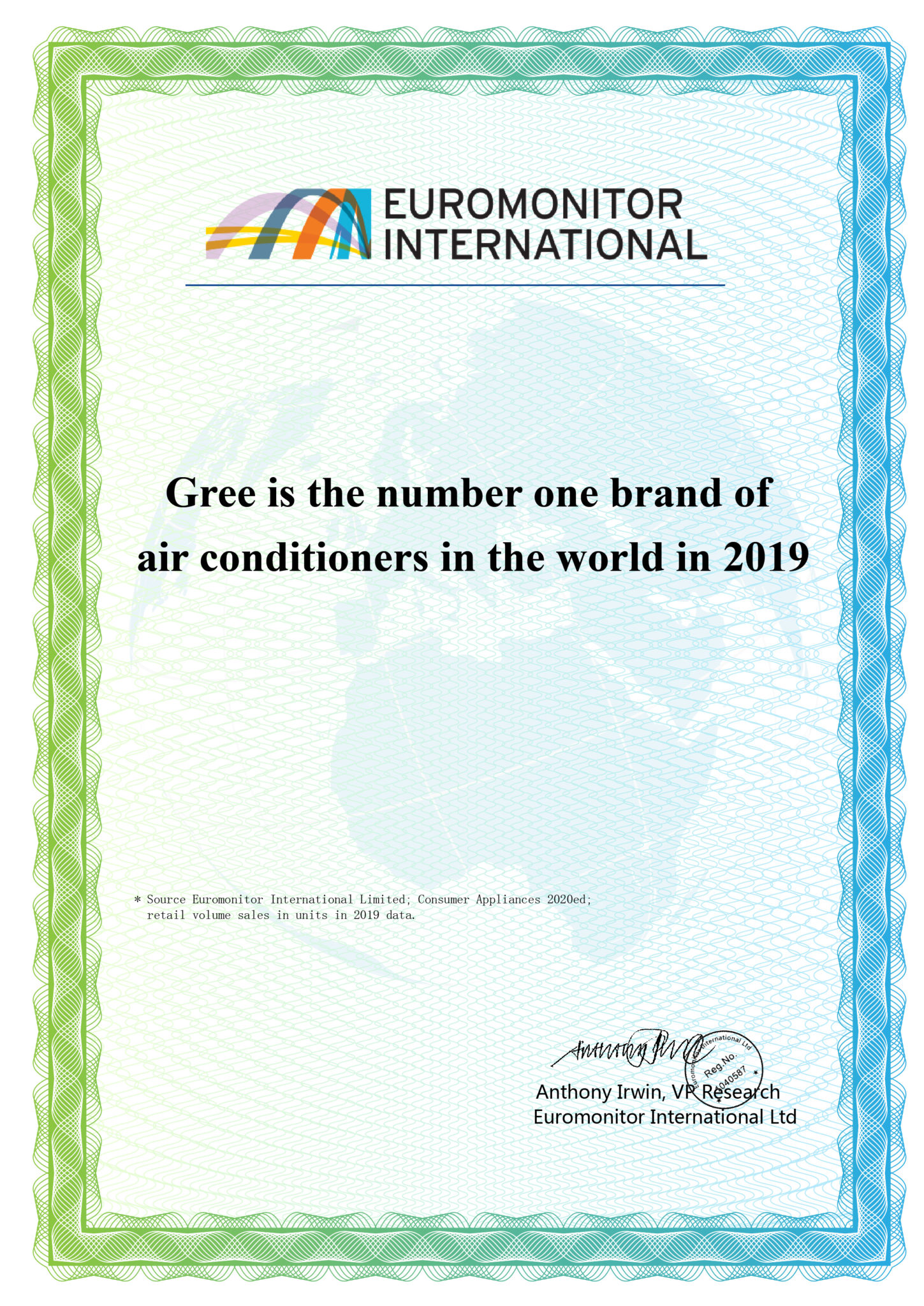 Chứng nhận thương hiệu Gree máy lạnh số 1 thế giới 2019