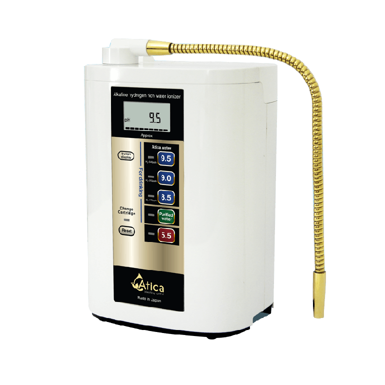 Máy Điện Giải Ion Kiềm Atica Gold có thiết kế mạ vàng, nâng tầm đẳng cấp cho căn bếp của bạn.