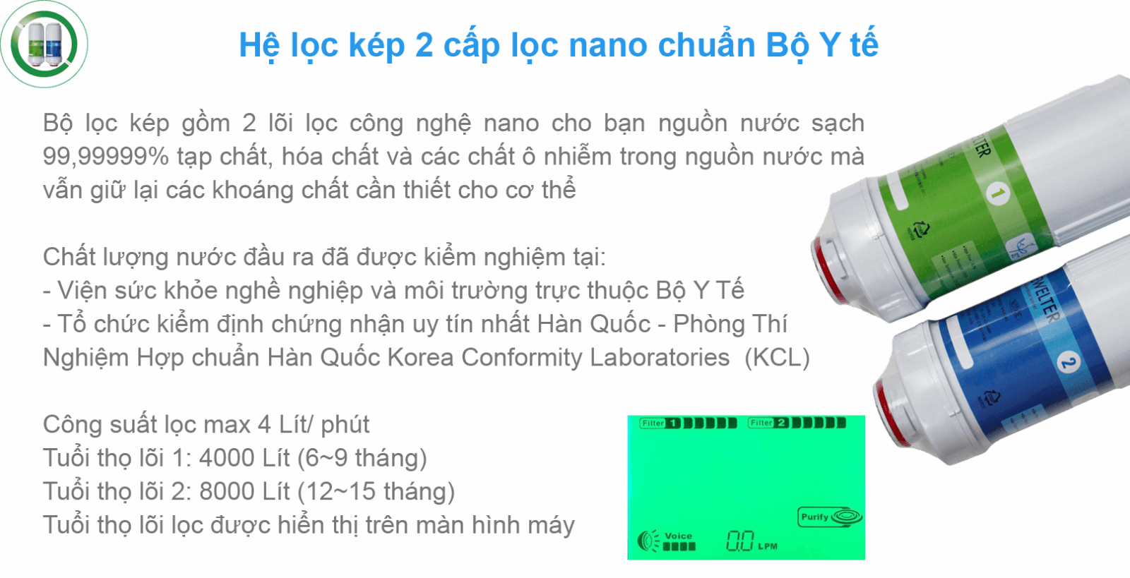 Máy Điện Giải Ion Kiềm Crewelter 9 Full được trang bị bộ lọc kép Nano giúp lọc sạch 99.99% vi khuẩn và tạp chất có trong nước.