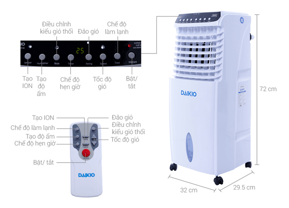 Máy Làm Mát Không Khí Daikiosan DKA-00800A được trang bị thêm điều khiển từ xa.