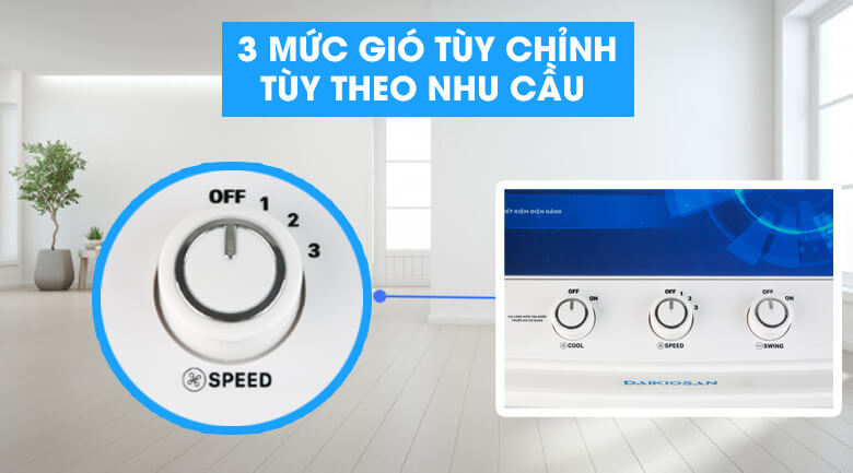 Máy Làm Mát Không Khí Daikiosan DKA-04000C có 3 tốc độ gió, tuỳ chỉnh bằng nút vặn dễ dàng.