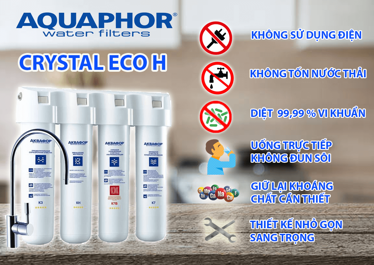 Máy Lọc Nước Aquaphor Crystal Eco H không cần sử dụng điện, tiết kiệm điện cho gia đình bạn.