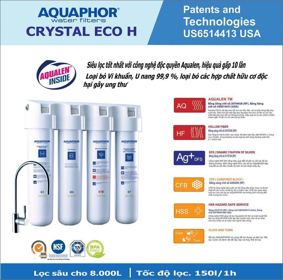 Máy Lọc Nước Aquaphor Crystal Eco H đạt nhiều chứng nhận Quốc tế về chất lượng.