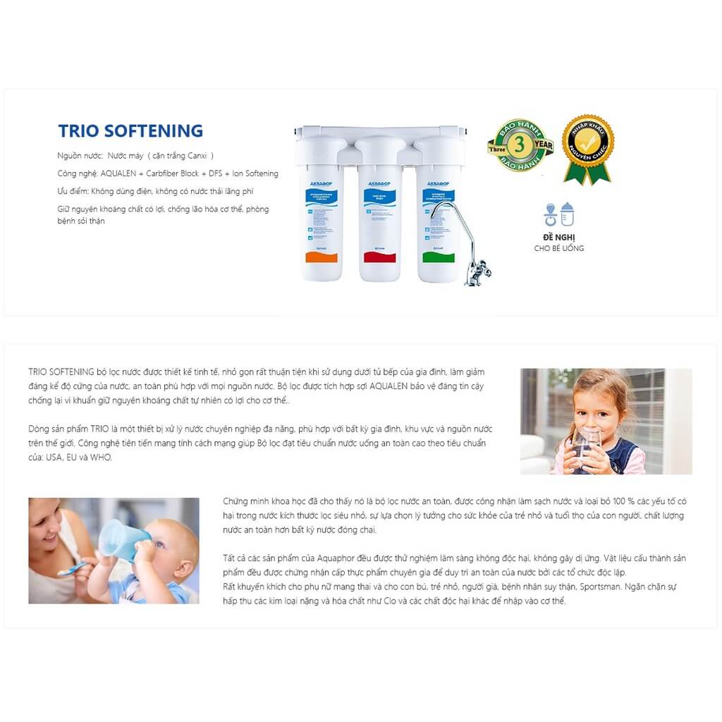 Máy Lọc Nước Aquaphor Trio Norma không sử dụng điện, không chất thải.