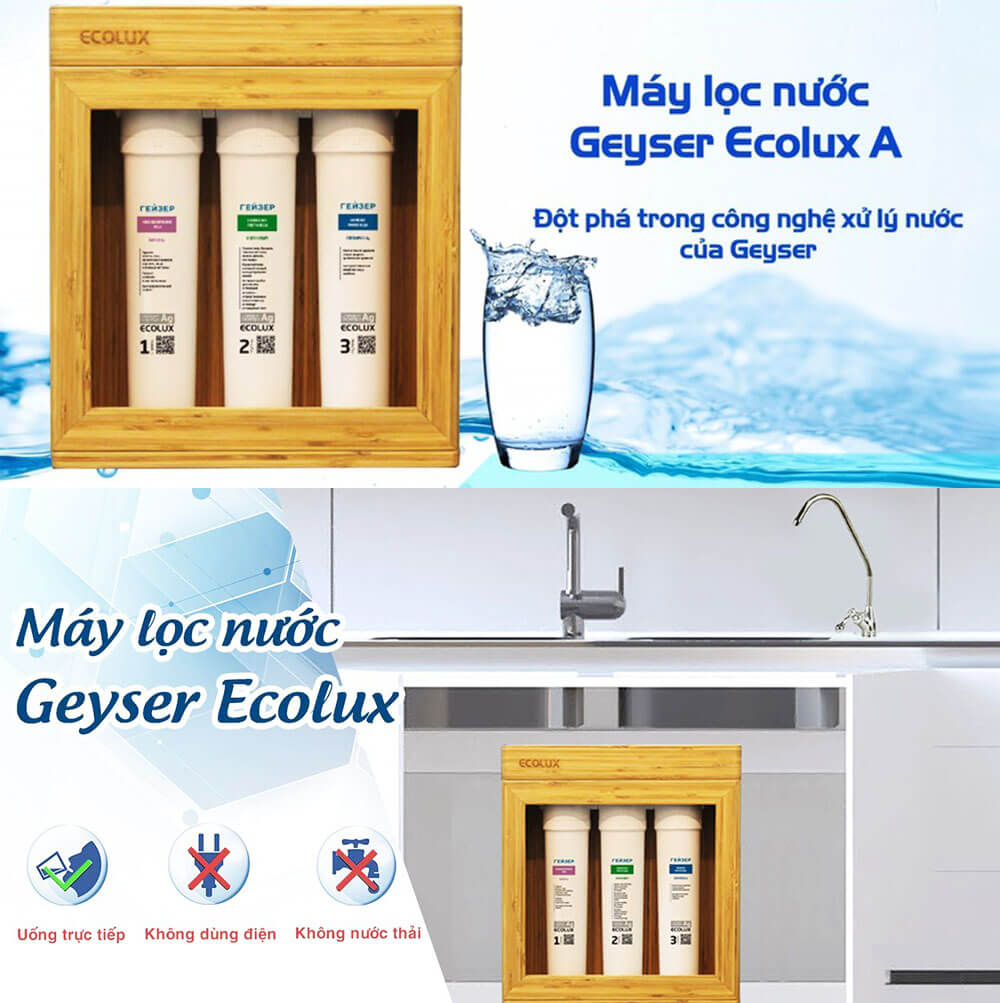 Máy Lọc Nước Nano GEYSER ECOLUX A không tiêu thụ điện, không nước thải và có thể uống trực tiếp.