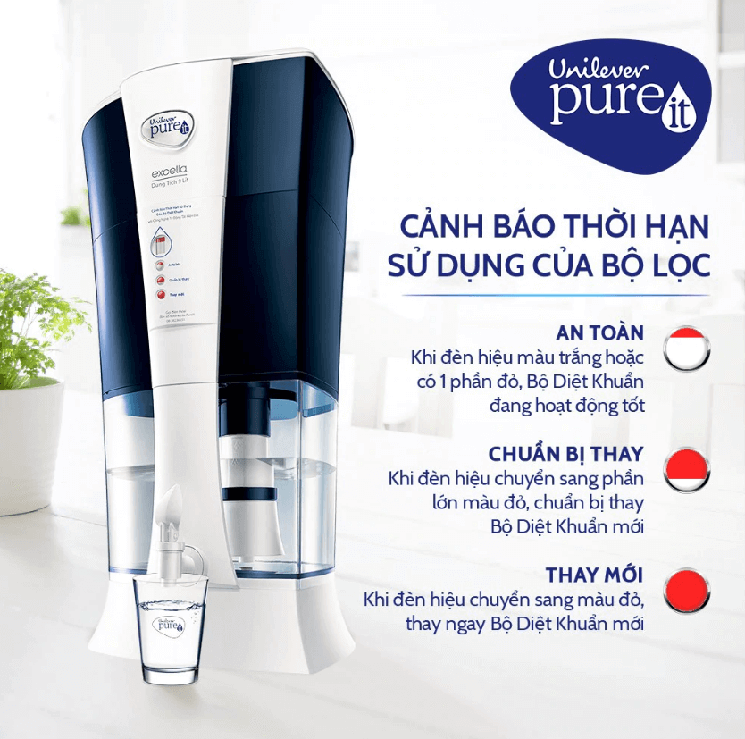 Máy Lọc Nước Pureit Excella - Không Dùng Điện với đèn tín hiệu có tính năng cảnh báo thời hạn sử dụng của bộ diệt khuẩn