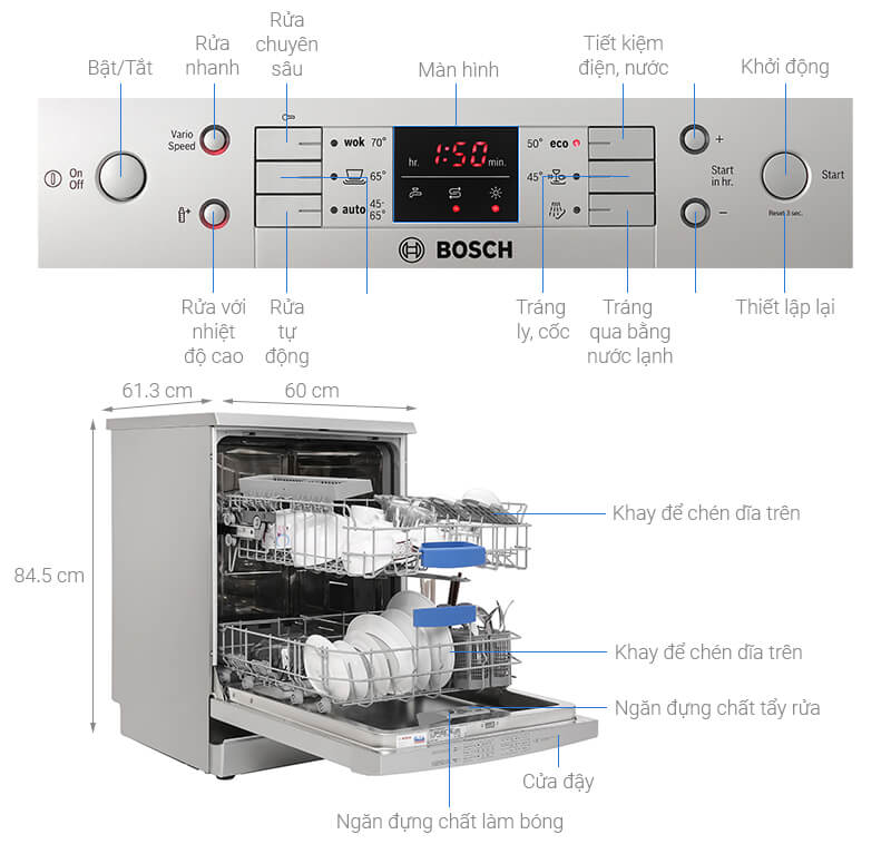 Máy Rửa Bát Bosch SMS63L08EA sử dụng nút cơ học dễ điều chỉnh theo nhu cầu.