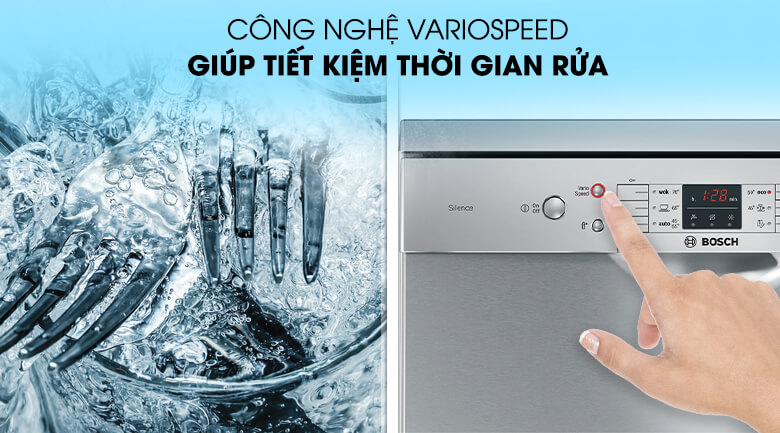 Máy Rửa Bát Bosch SMS63L08EA sở hữu công nghệ VarioSpeed tiết kiệm thời gian.