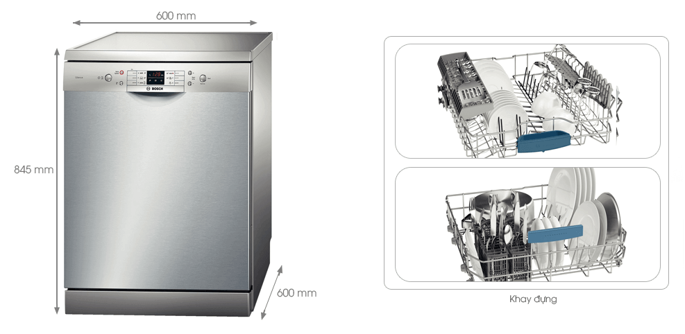 Máy Rửa Bát Bosch SMS63L08EA được thiết kế có thể đứng độc lập hoặc âm tủ.