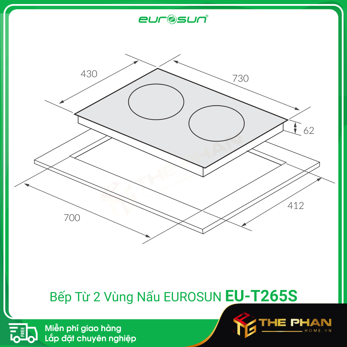 Kích thước lắp đặt của Bếp Từ Đôi Eurosun EU-T265S