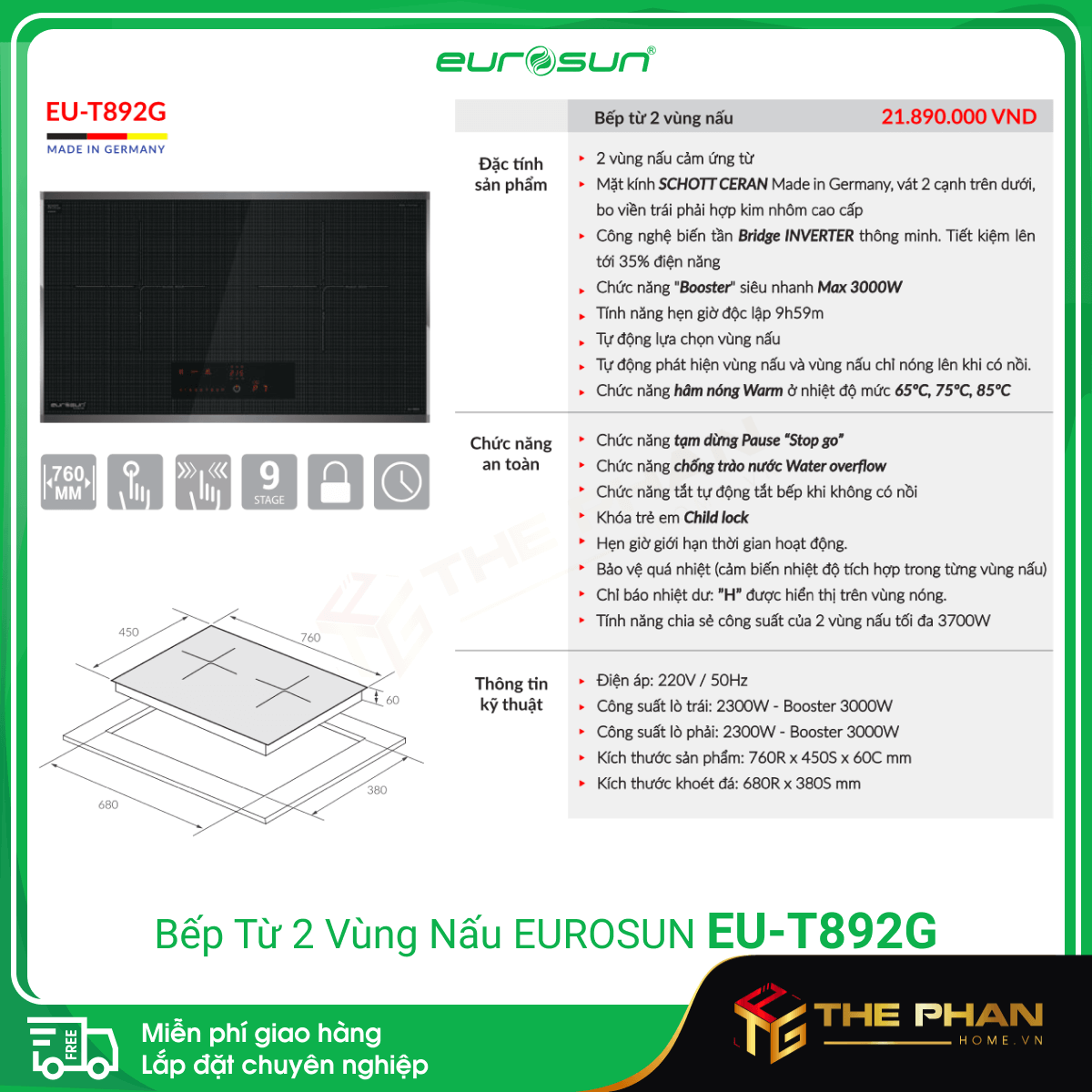 Thông số kỹ thuật của Bếp Từ Đôi Eurosun EU-T892G - Inverter Thông Minh, Nhập khẩu CHLB Đức