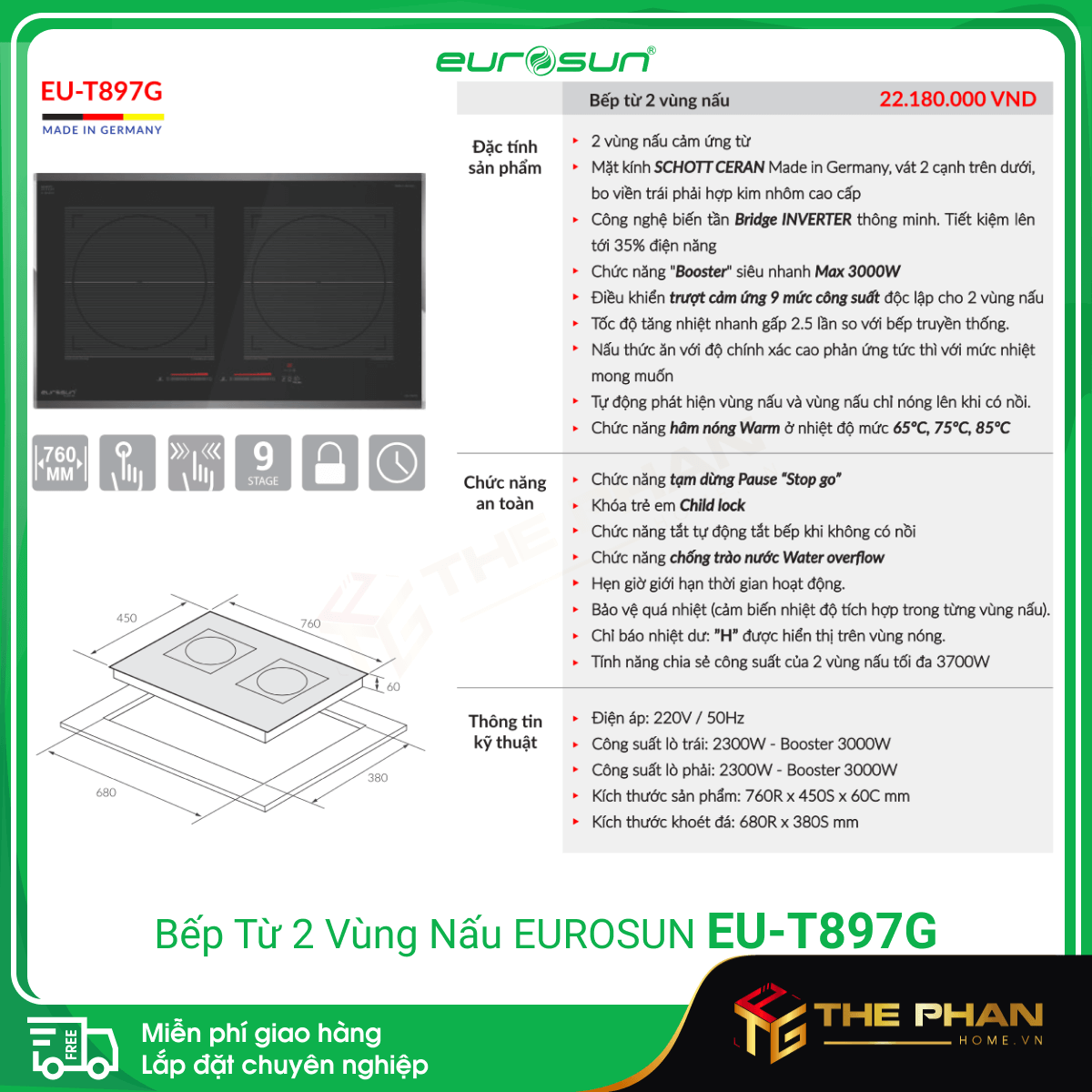 Thông số kỹ thuật của Bếp Từ Eurosun EU-T897G