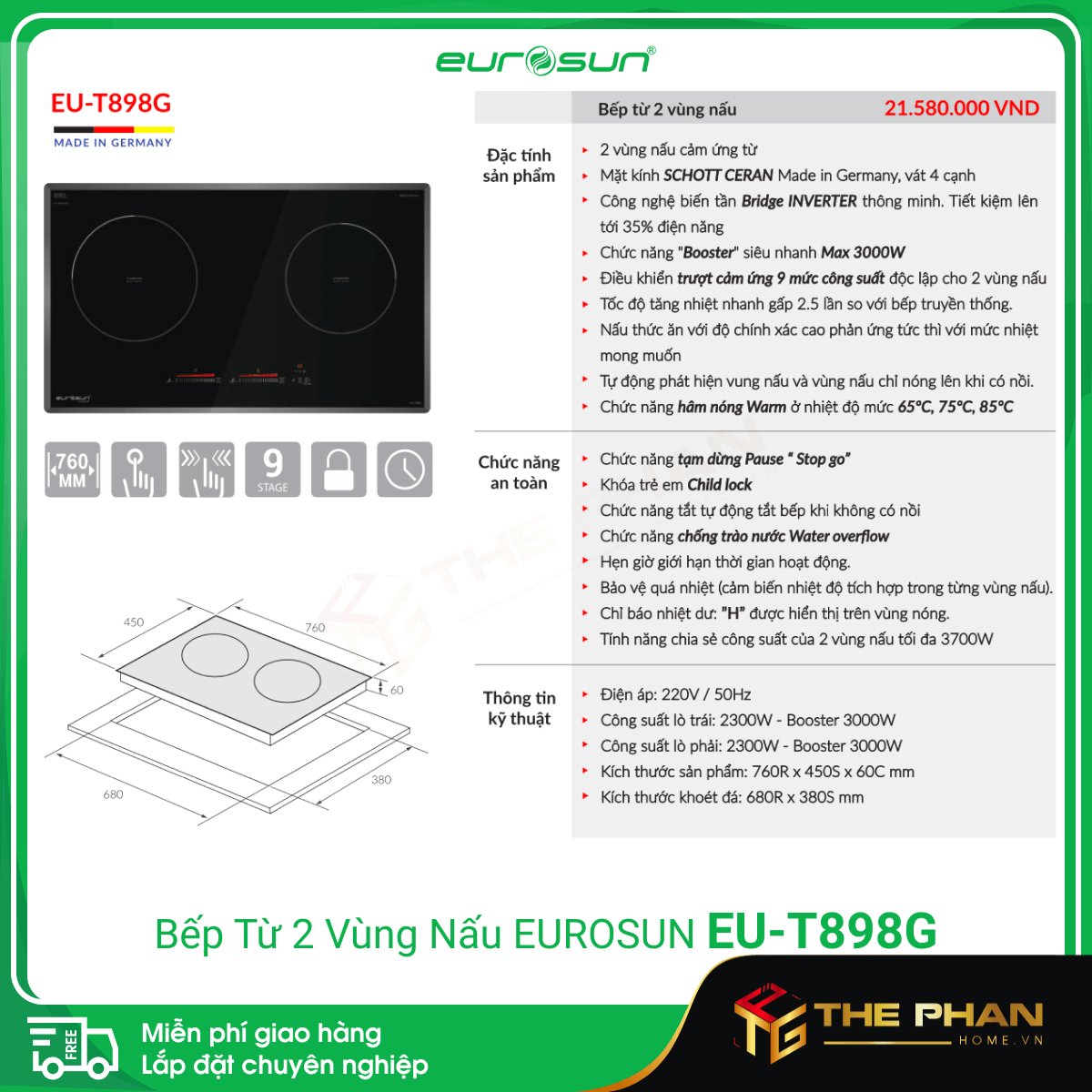 Thông số kỹ thuật của Bếp Từ Đôi Eurosun EU-T898G - Inverter Thông Minh, Nhập khẩu CHLB Đức