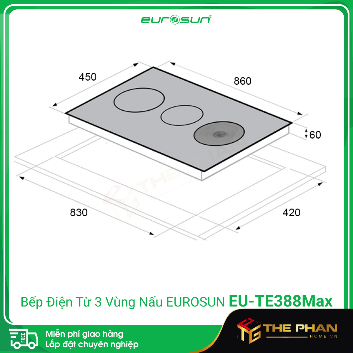 Kích thước lắp đặt của Bếp Điện Từ 3 Vùng Nấu Eurosun EU-TE388Max - Inverter thông minh, Nhập khẩu chính hãng