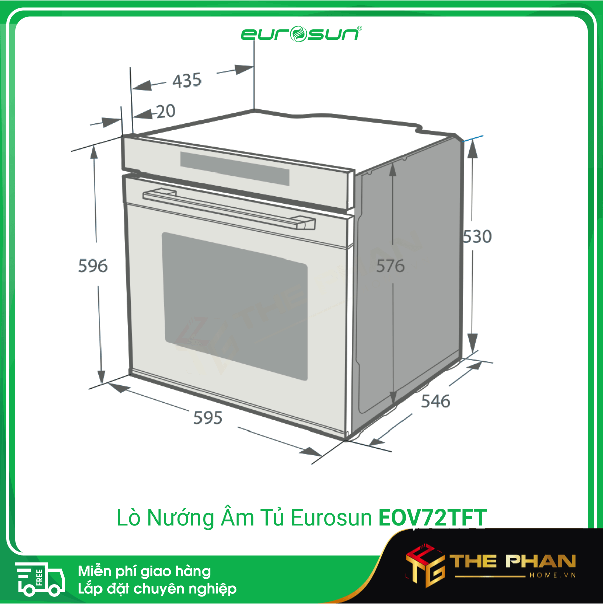 Kích thước lắp đặt Lò Nướng Âm Tủ Eurosun EOV72TFT - 16 chức năng tích hợp, 72L