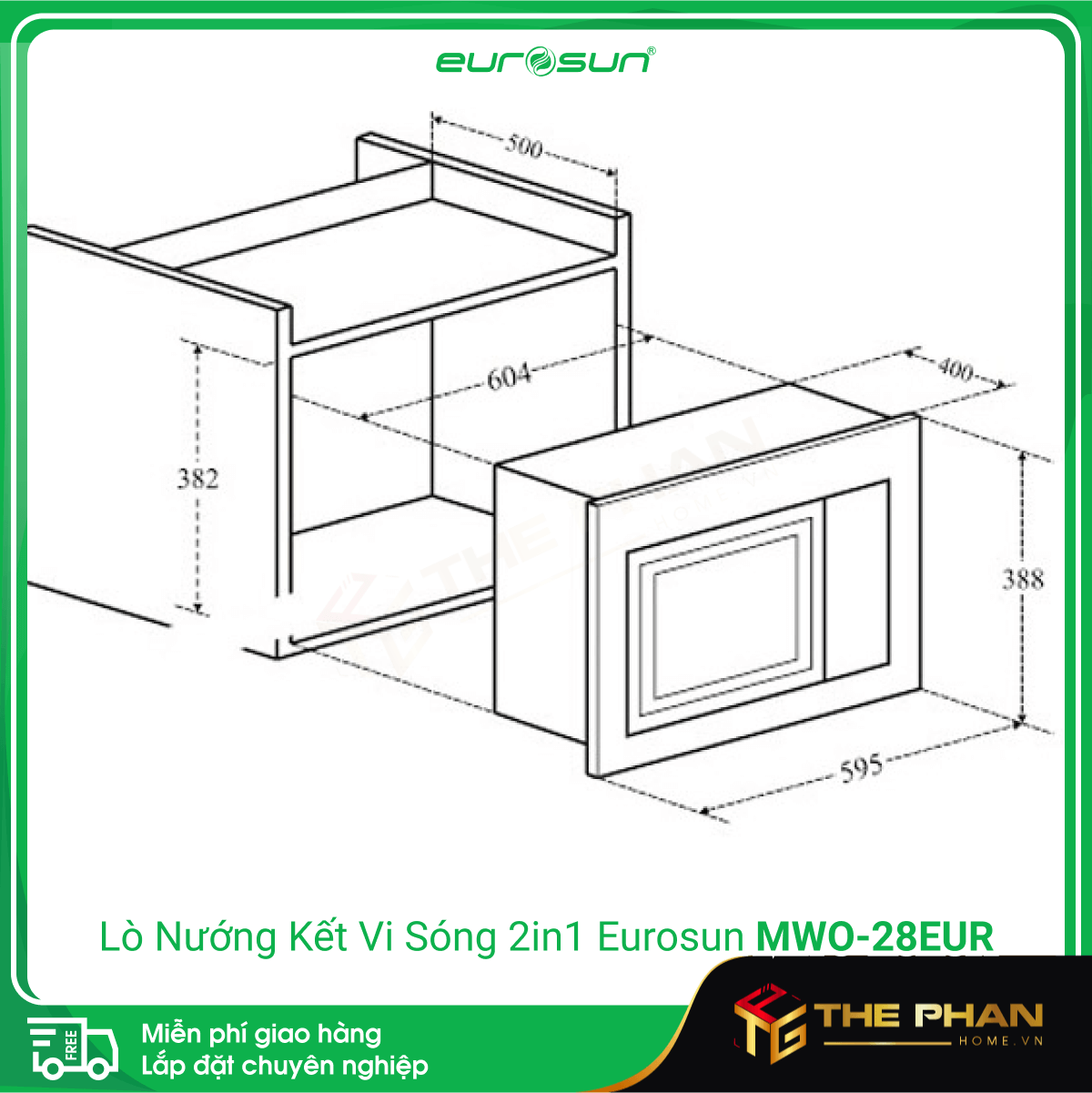 Kích thước lắp đặt Lò Vi Sóng Kết Hợp Lò Nướng Lắp Âm Tủ Eurosun MWO-28EUR