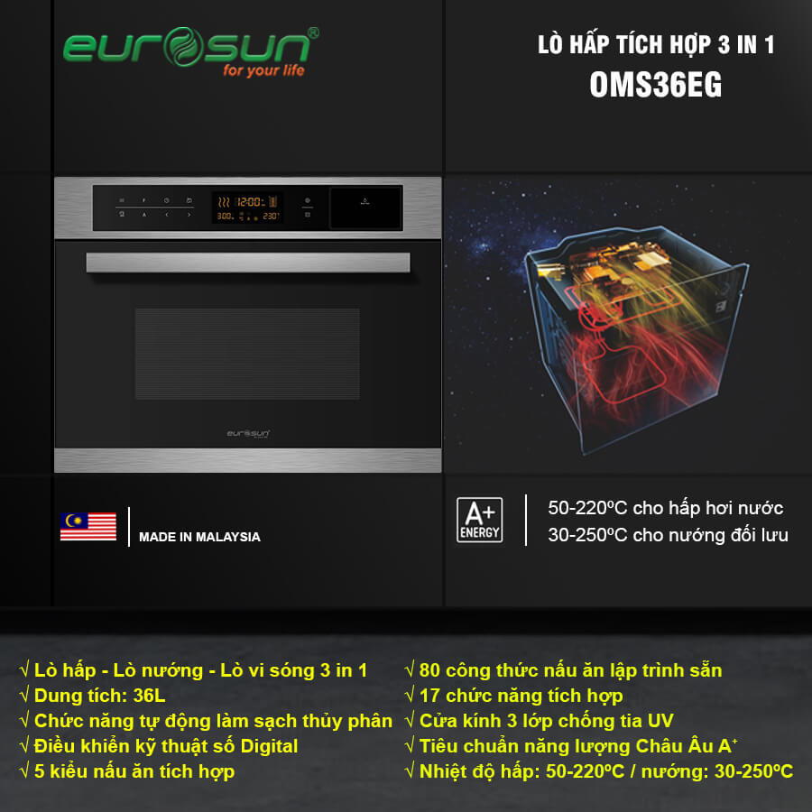 Lò Nướng Tích Hợp Lò Hấp, Lò Vi Sóng Eurosun OMS36EG