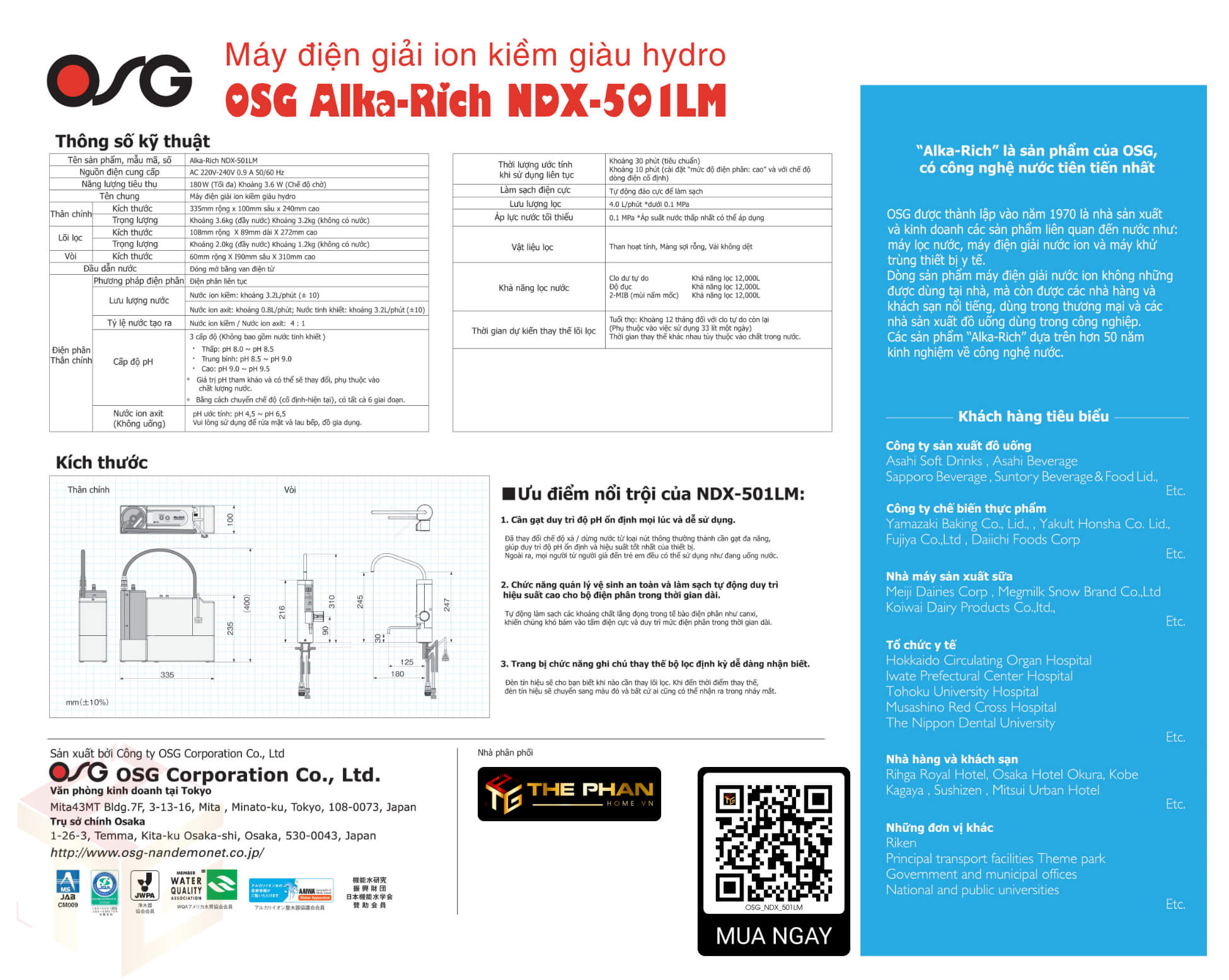 Thông số kỹ thuật Máy Lọc Nước Điện Giải Ion Kiềm Giàu Hydro OSG Alka-Rich NDX-501LM