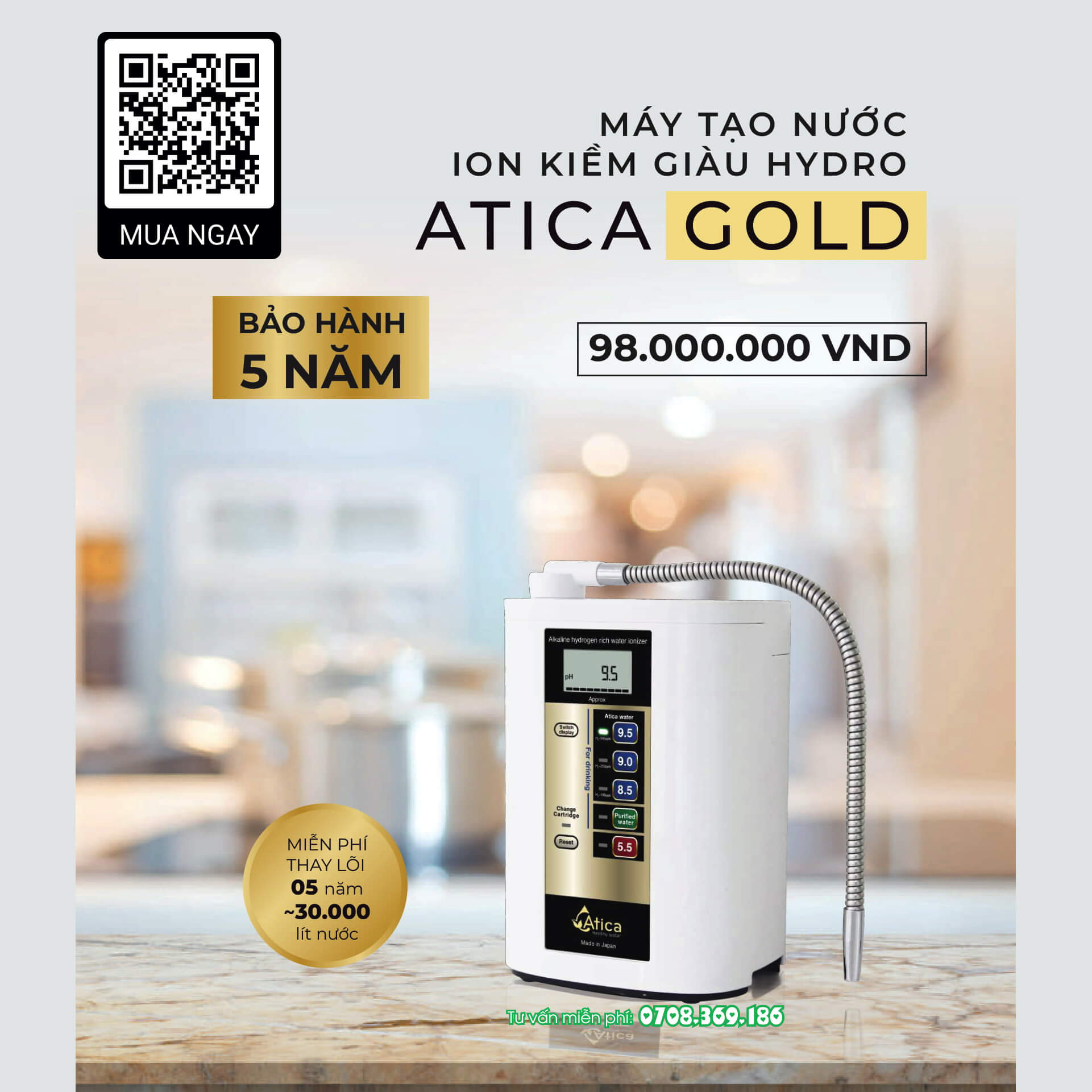 Máy tạo nước ion kiềm giàu hydro Maxell ATICA GOLD - Hàng chính hãng