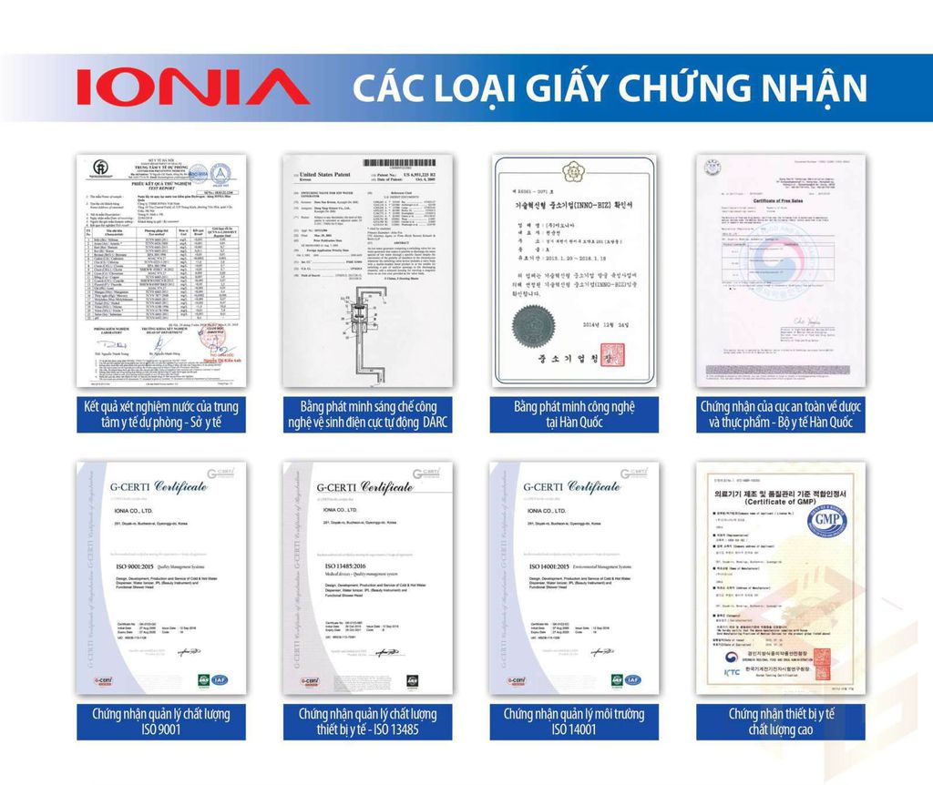 Giấy chứng nhận chất lượng Máy Lọc Nước Điện Giải Ion Kiềm IONIA U BLUE