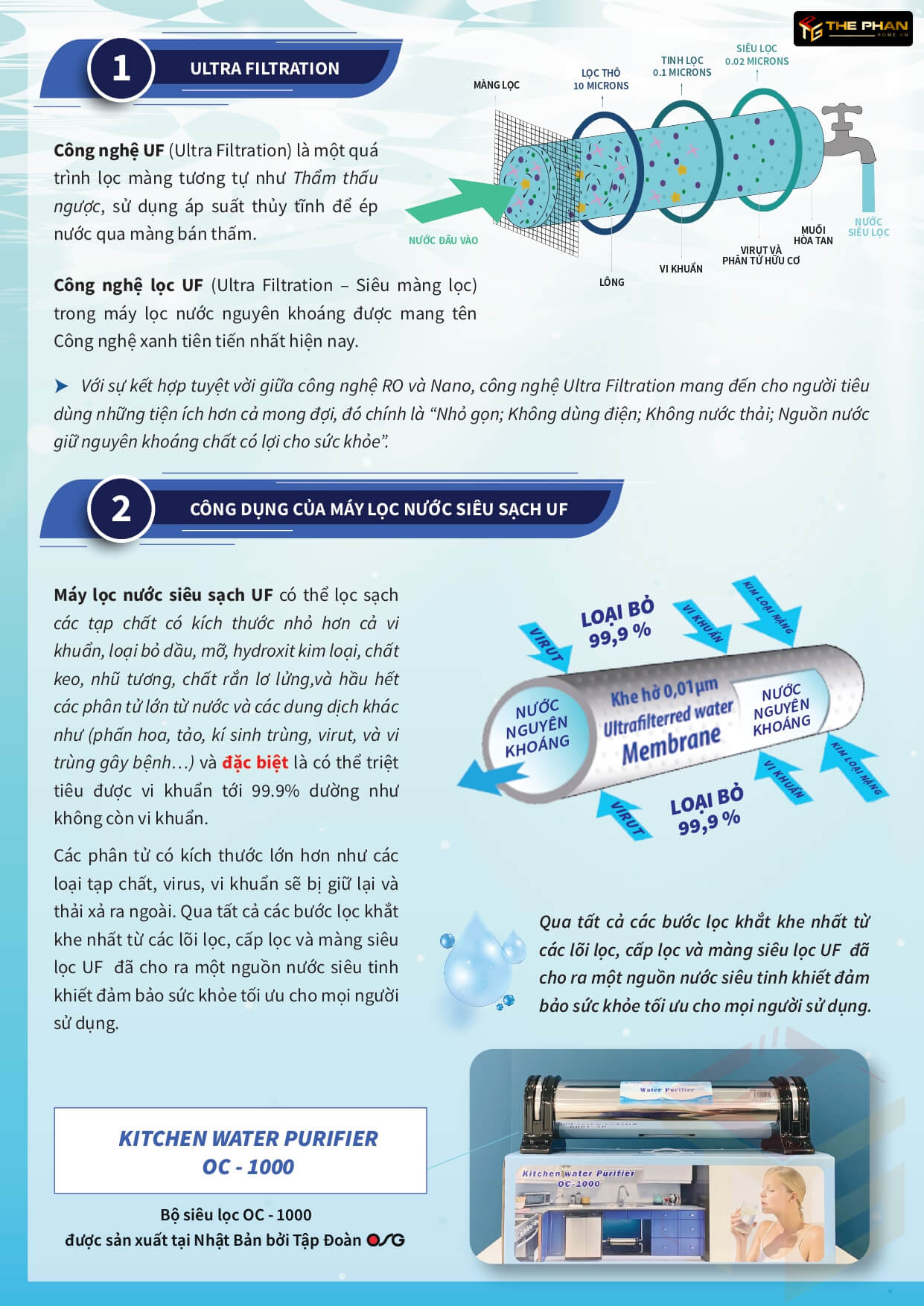 Bộ tiền lọc OSG OC - 1000 sử dụng Công nghệ lọc nước siêu sạch UF (Ultra Filtration).