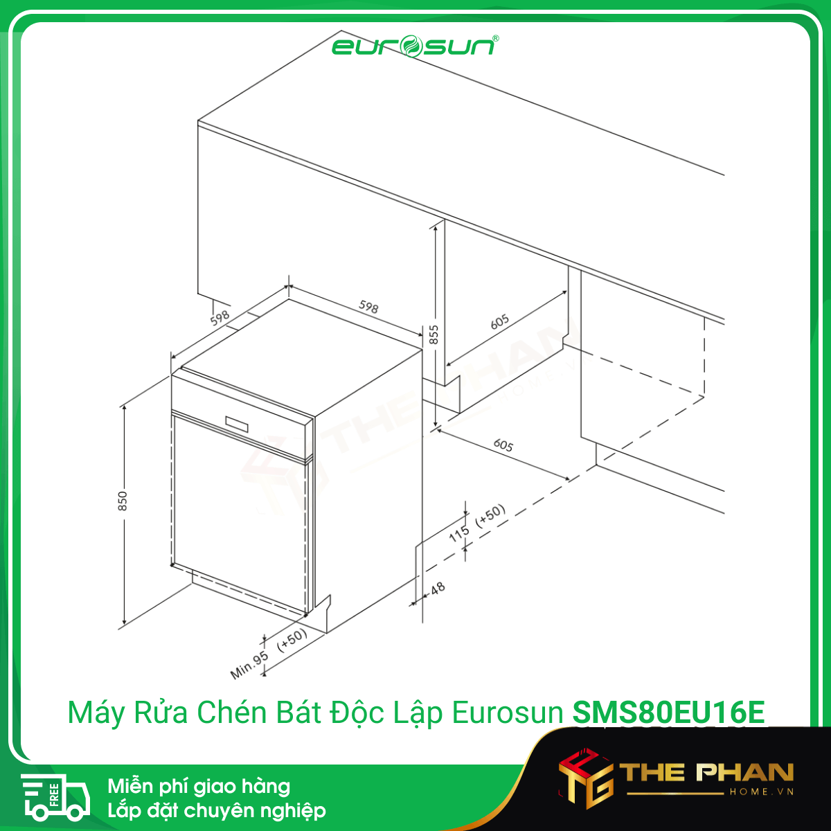 Kích thước lắp đặt của Máy Rửa Chén Bát Eurosun SMS80EU16E