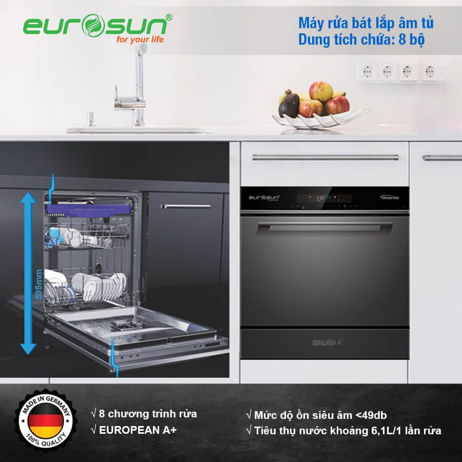 Máy Rửa Chén Bát Eurosun SMS58EU09BT - Sức chứa 8 Bộ, CHLB Đức