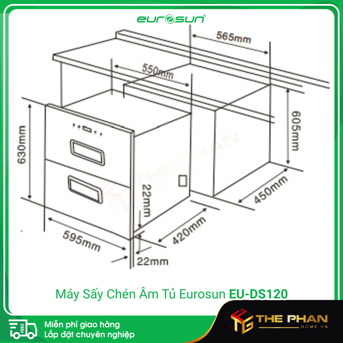 Kích thước lắp đặt Máy Sấy Chén Bát Âm Tủ Eurosun EU-DS120