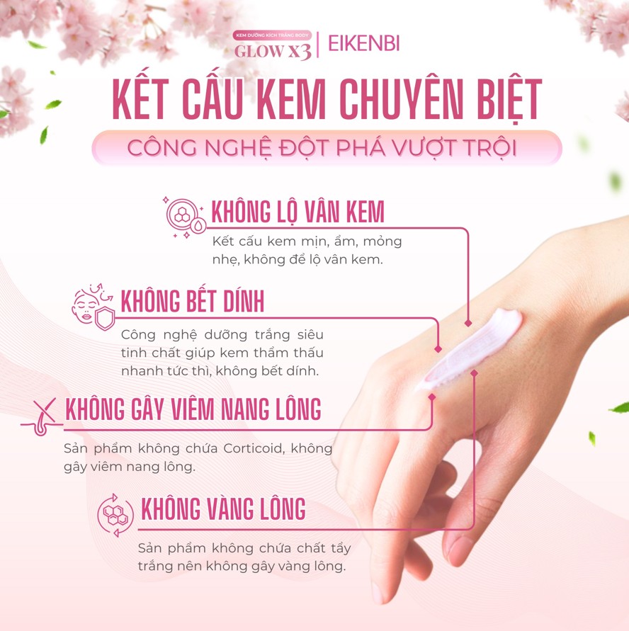 Ưu điểm của kem kích trắng body nâng tone Glow X3 Eikenbi